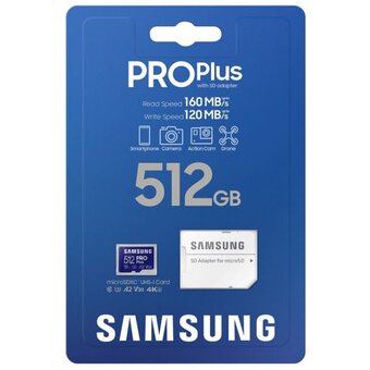  Карта памяти Samsung Pro Plus (MB-MD512SA/EU) microSDXC 512GB Class 10, A2, V30, UHS-I (U3), W 130 МБ/с, R 180 МБ/с, адаптер на SD 