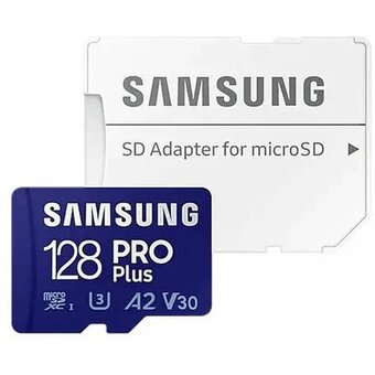  Карта памяти Samsung Pro Plus (MB-MD128SA/KR) microSDXC 128GB Class 10, A2, V30, UHS-I (U3), W 130 МБ/с, R 180 МБ/с, адаптер на SD 