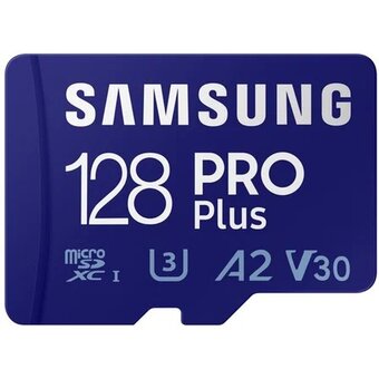  Карта памяти Samsung Pro Plus (MB-MD128SA/KR) microSDXC 128GB Class 10, A2, V30, UHS-I (U3), W 130 МБ/с, R 180 МБ/с, адаптер на SD 