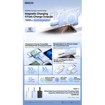  Аккумулятор внешний резервный REMAX MCP-1 Removable bidirectional fast charging cable magnetic 15W wireless charging power bank PD30W 10000mAh черный 