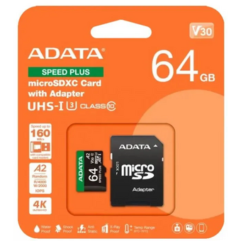  Карта памяти A-DATA UD64GUI3V30A2SP-RA1 64GB microSDXC Class 10 UHS-I U3 V30 A2 160/140 MB/s (SD адаптер) 