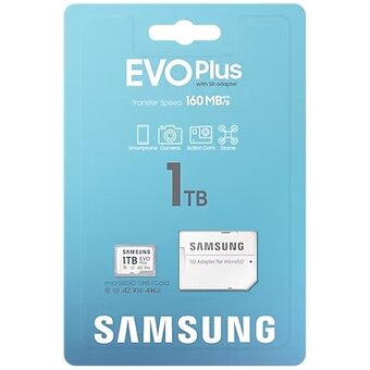  Карта памяти Samsung Evo Plus (MB-MC1T0SA/EU) microSDXC 1TB Class 10, A2, V30, UHS-I (U3), W 90 МБ/с, R 160 МБ/с, адаптер на SD 