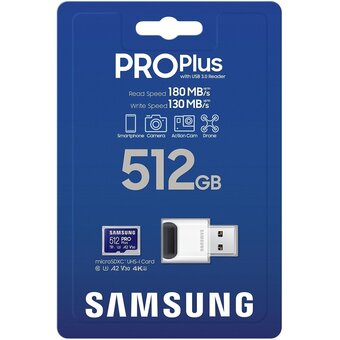  Карта памяти Samsung Pro Plus (MB-SD512SB/WW) SDXC 512GB с адаптером USB, W130МБ/с, R180МБ/с 