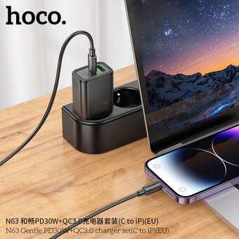  СЗУ HOCO N63 Gentle PD30W+QC3.0 + cabel Type-C to iP черный 