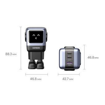  СЗУ UGREEN CD361 (25685B) USB-A+2*USB-C 65W Nexode Robot GaN Tech Fast Charger Gray 