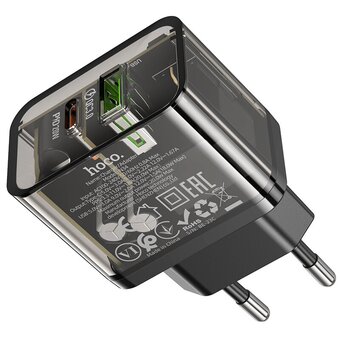  СЗУ HOCO N34 Dazzling dual-port USB-A+Type-C PD20W, Type-C to Type-C (прозрачный-черный) 