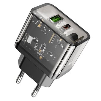  СЗУ HOCO N34 Dazzling dual-port USB-A+Type-C PD20W, Type-C to Type-C (прозрачный-черный) 