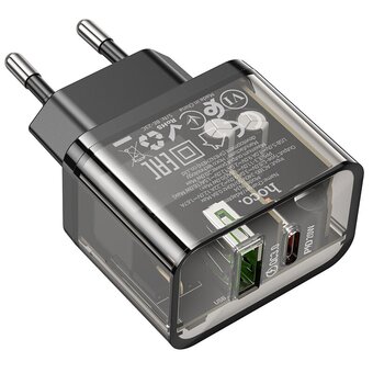 СЗУ HOCO N34 Dazzling dual-port USB-A+Type-C PD20W, Type-C to Type-C (прозрачный-черный) 