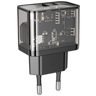  СЗУ HOCO N34 Dazzling dual-port USB-A+Type-C PD20W, Type-C to Type-C (прозрачный-черный) 