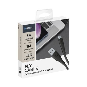  USB кабель Deppa 72531 Fly USB-Type-C 3A Black (1м) 