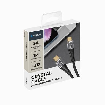  USB кабель Deppa 72502 Crystal USB Type-C-USB Type-C 60W, Black (1м) 