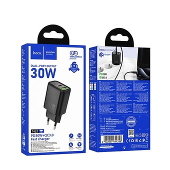  Адаптер Сетевой Hoco N63 Gentle PD+QC3.0 USB/Type-C 30W (black) (238946) 