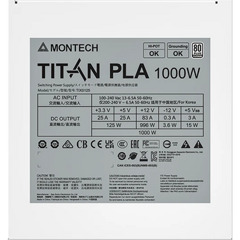  Блок питания Montech Titan PLA 1000W (TIX0125) / ATX 3.1, APFC, 80 Plus Platinum, Japan caps, 135mm fan, full modular 