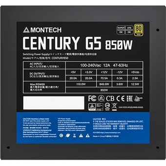  Блок питания Montech Century G5 850W / ATX 3.0, APFC, 80 Plus Gold, Full Bridge LLC, DC-DC, Japan caps, 120mm fan, full modular 