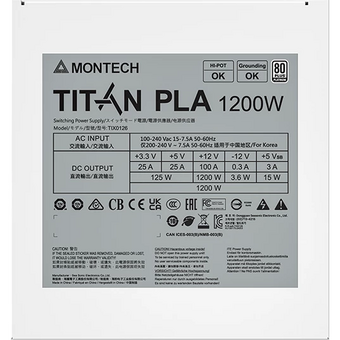  Блок питания Montech Titan PLA 1200W (TIX0126) / ATX 3.1, APFC, 80 Plus Platinum, Japan caps, 135mm fan, full modular 