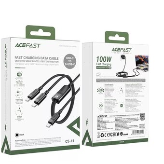  Кабель ACEFAST AF-C5-11-BK USB-C 2-in-1 100W USB-C to 2xUSB-C 100W Charging Data Cable 0.8m/0.4m Black 
