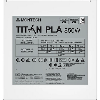  Блок питания Montech Titan PLA 850W (TIX0124) / ATX 3.1, APFC, 80 Plus Platinum, Japan caps, 135mm fan, full modular 