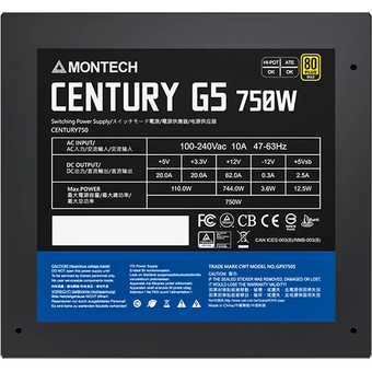  Блок питания Montech Century G5 750W / ATX 3.0, APFC, 80 Plus Gold, Full Bridge LLC, DC-DC, Japan caps, 120mm fan, full modular 