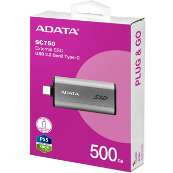  SSD A-DATA SC750 (SC750-500G-CCBK), External, 500GB USB 3.2 Gen 2 Type-C, R/W -1050/1000 MB/s серый 
