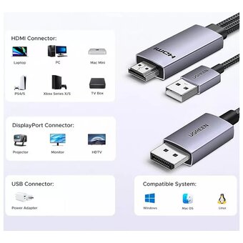  Кабель UGREEN HD169 (55329) HDMI to DisplayPort 4K 60Hz Cable 2m Gray 