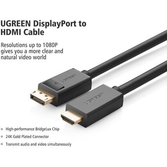  Кабель UGREEN DP101 (10204) DP Male to HDMI Male Cable 5m Black 