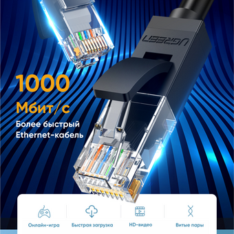  Кабель UGREEN NW102 (50174) Cat 6 8-Core U/UTP Flat Ethernet Cable 2m Black 