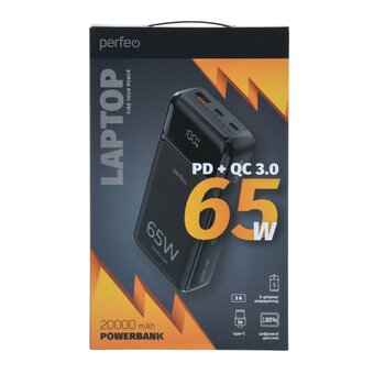  Powerbank Perfeo PF_E1636 Laptop 65W 20000mAh LED дисплей PD+QC 3.0 2Type-C 1 USB, max 65W Black 