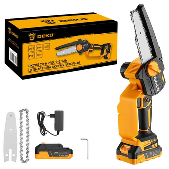  Пила цепная DEKO DKCHS 20-6 Pro (083-2011), 4" и 6", 20В, 2x2.2Ач, 2 шины и 2 цепи 