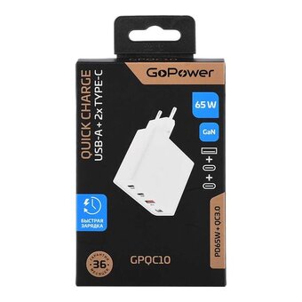  Зарядное устройство GOPOWER 00-00028405 1USB+2TYPE-C 65W QC3.0 GAN White 