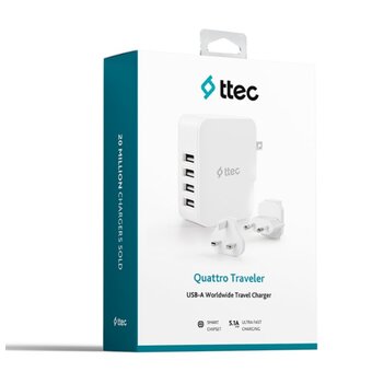  СЗУ TTEC 2SC02BUK Quattro Worldwide Travel Charger 5.1A/25W 4 USB-A Port EU/GB/USA White 