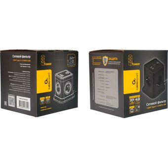  Сетевой фильтр Cablexpert Tower TWR-4-CU2-B-2 черный, 4 розетки 