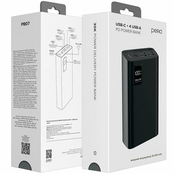  Внешний аккумулятор PERO PB07 30000mAh, Li-Pol, output USB-C + 4 USB-A черный 