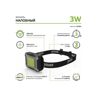 Фонарь налобный Gauss GFL304 черный 
