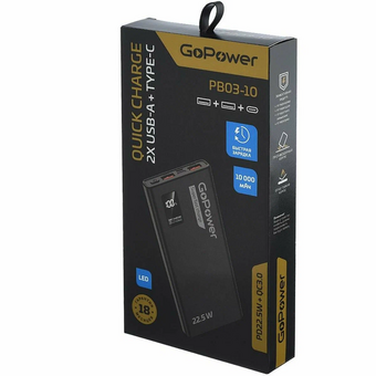  Внешний аккумулятор GoPower PB03-10 10000mAh 3.0A 22.5W 2USB/Type-C черный (00-00029659) 