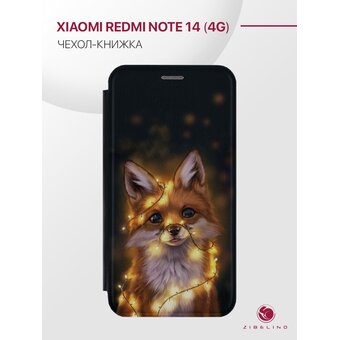  Чехол книжка Book для Xiaomi Redmi Note 14 (4G) с рисунком, защитный, противоударный, с магнитом, черный с принтом ЛИСА ОГНИ (Ксиоми Редми Нот 14) 