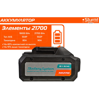  Аккумулятор Sturm! SBP1808HP 18В, 1BatterySystem, тип 21700, 8.0Ач 