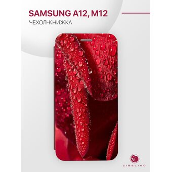  Чехол книжка Book для Samsung A12, M12 с рисунком, с магнитом, бордовый, с принтом КАПЛИ РОСЫ 