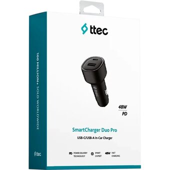  АЗУ TTEC 2CKP02S SmartCharger Duo PD 48W Car Fast Charger USB-C + USB-A Black 