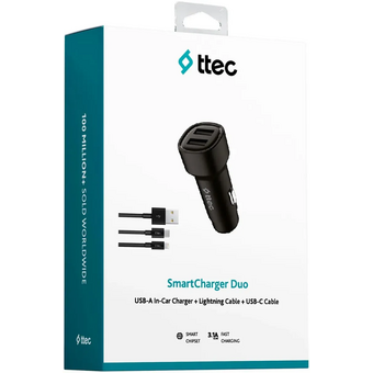  АЗУ TTEC 2CKS31DS SmartCharger Duo 3.1A Car Charger Dual USB + USB-C and Lightning Cable Black 
