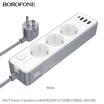  Сетевой фильтр BOROFONE BAC9 Power 3-position socket PD20W/1C3AEU/GERL=2M 