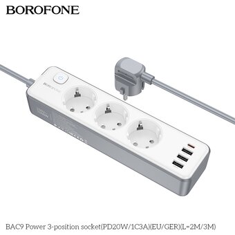  Сетевой фильтр BOROFONE BAC9 Power 3-position socket PD20W/1C3AEU/GERL=2M 