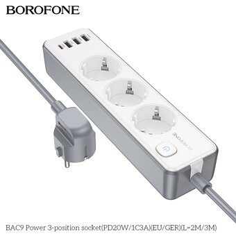  Сетевой фильтр BOROFONE BAC9 Power 3-position socket PD20W/1C3AEU/GERL=2M 