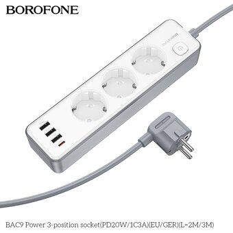  Сетевой фильтр BOROFONE BAC9 Power 3-position socket PD20W/1C3AEU/GERL=2M 