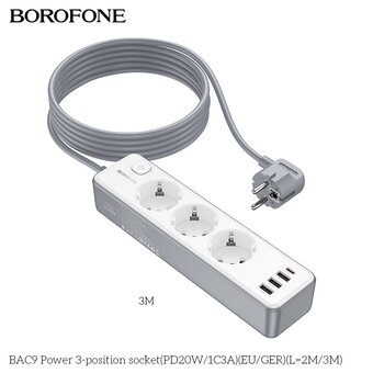  Сетевой фильтр BOROFONE BAC9 Power 3-position socket PD20W/1C3AEU/GERL=2M 