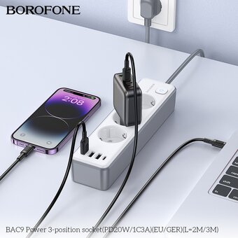  Сетевой фильтр BOROFONE BAC9 Power 3-position socket PD20W/1C3AEU/GERL=2M 