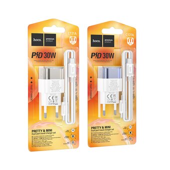  СЗУ HOCO C131A Platinum dual-port PD30W+QC3.0 charger set (Type-C + Type-C) EU черный 