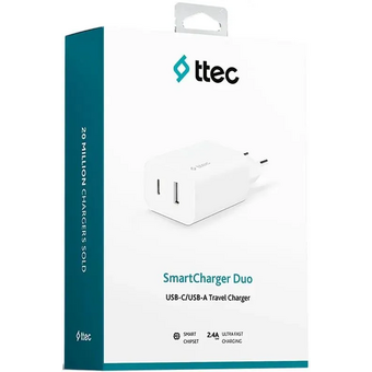  СЗУ TTEC 2SCS25B SmartCharger Duo USB-C+USB-A Travel Charger 2.4A White 
