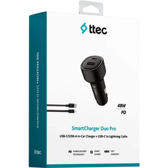 СЗУ TTEC 2CKP02LS SmartCharger Duo PD 48W Vehicle Fast Charger USB-C+USB-A With USB-C-Lightning Cable Black 