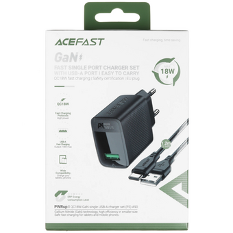  СЗУ ACEFAST A90 QC18W GaN single USB-A charger with charging cable USB-C-USB-A EU Black 