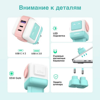  СЗУ UGREEN CD361 (35855) Uno 65W USB-A+2*USB-C Robot GaN Tech Fast Charger EU Pink-Blue 